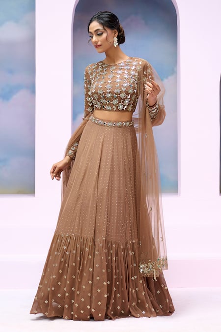 Silky Bindra X AZA_Brown Net, Georgette Mirrors, Aurelia Embroidered Blouse Tiered Lehenga Set _at_Aza_Fashions