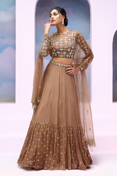 Buy_Silky Bindra X AZA_Brown Net, Georgette Mirrors, Aurelia Embroidered Blouse Tiered Lehenga Set 