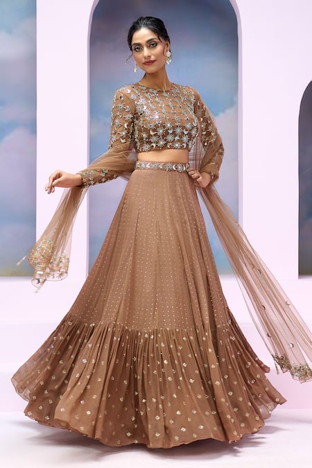 Shop_Silky Bindra X AZA_Brown Net, Georgette Mirrors, Aurelia Embroidered Blouse Tiered Lehenga Set 