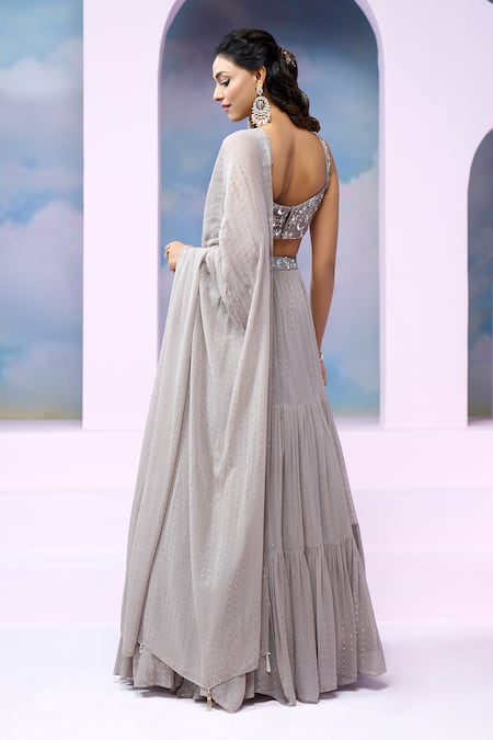 Silky Bindra X AZA_Grey Georgette Sequins, Mirrors Sterling Embroidered Blouse Tiered Lehenga Set _Online_at_Aza_Fashions