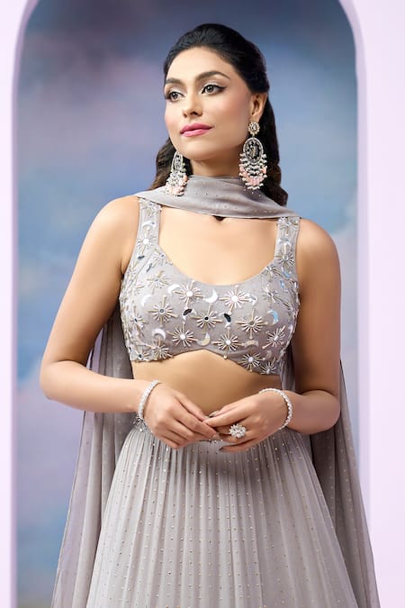 Buy_Silky Bindra X AZA_Grey Georgette Sequins, Mirrors Sterling Embroidered Blouse Tiered Lehenga Set 