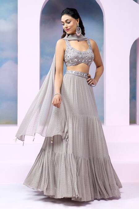 Shop_Silky Bindra X AZA_Grey Georgette Sequins, Mirrors Sterling Embroidered Blouse Tiered Lehenga Set 