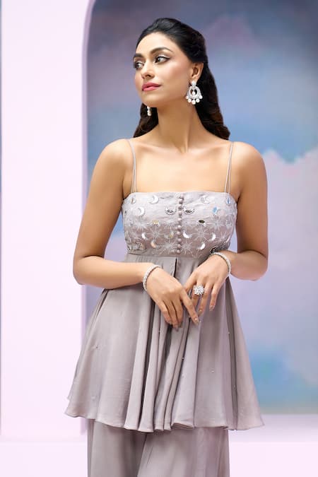 Buy Silky Bindra X AZA Grey Net, Crepe, Satin Mirrors, Embroidery Evelia Slit Peplum Kurta Palazzo Set Online at Aza Fashions Buy_Silky Bindra X AZA_Grey Net, Crepe, Satin Mirrors, Embroidery Evelia Slit Peplum Kurta Palazzo Set _Online_at_Aza_Fashions