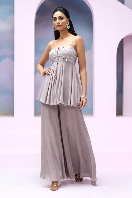 Shop Silky Bindra X AZA Grey Net, Crepe, Satin Mirrors, Embroidery Evelia Slit Peplum Kurta Palazzo Set Online at Aza Fashions Shop_Silky Bindra X AZA_Grey Net, Crepe, Satin Mirrors, Embroidery Evelia Slit Peplum Kurta Palazzo Set _Online_at_Aza_Fashions