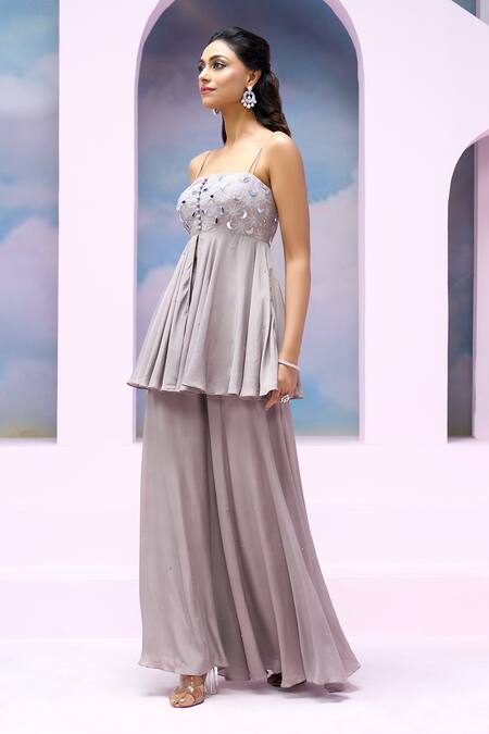 Silky Bindra X AZA Grey Net, Crepe, Satin Mirrors, Embroidery Evelia Slit Peplum Kurta Palazzo Set at Aza Fashions Silky Bindra X AZA_Grey Net, Crepe, Satin Mirrors, Embroidery Evelia Slit Peplum Kurta Palazzo Set _at_Aza_Fashions
