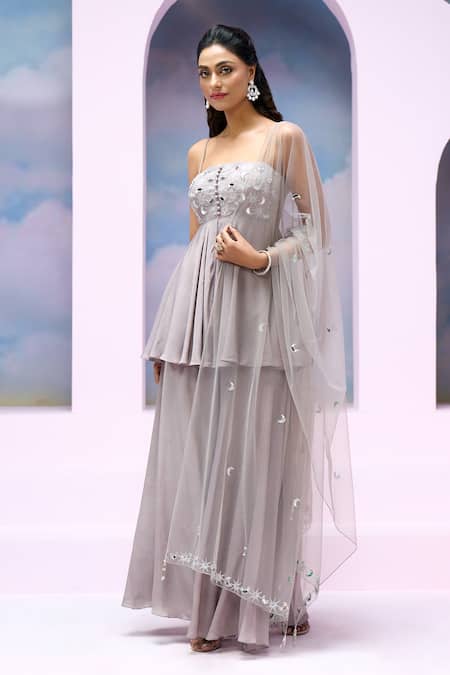 Buy Silky Bindra X AZA Grey Net, Crepe, Satin Mirrors, Embroidery Evelia Slit Peplum Kurta Palazzo Set Buy_Silky Bindra X AZA_Grey Net, Crepe, Satin Mirrors, Embroidery Evelia Slit Peplum Kurta Palazzo Set
