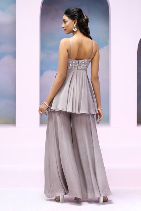 Shop Silky Bindra X AZA Grey Net, Crepe, Satin Mirrors, Embroidery Evelia Slit Peplum Kurta Palazzo Set Shop_Silky Bindra X AZA_Grey Net, Crepe, Satin Mirrors, Embroidery Evelia Slit Peplum Kurta Palazzo Set