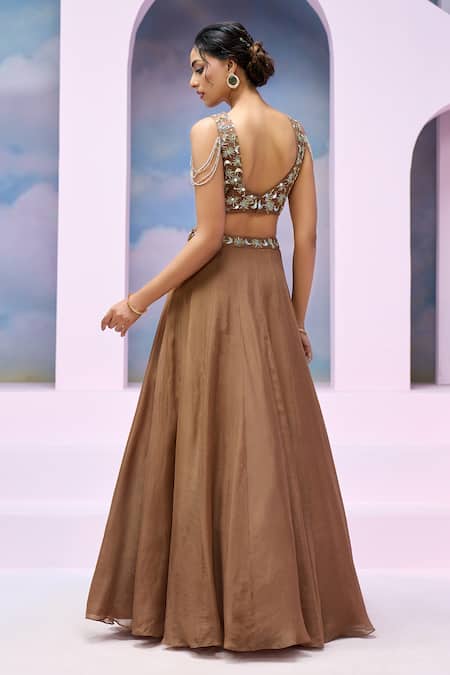Buy Silky Bindra X AZA Brown Organza, Satin Sequins, Mirrors Saher Embellished Blouse Lehenga Set Online at Aza Fashions Buy_Silky Bindra X AZA_Brown Organza, Satin Sequins, Mirrors Saher Embellished Blouse Lehenga Set _Online_at_Aza_Fashions