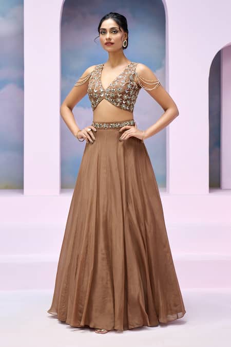 Shop Silky Bindra X AZA Brown Organza, Satin Sequins, Mirrors Saher Embellished Blouse Lehenga Set Online at Aza Fashions Shop_Silky Bindra X AZA_Brown Organza, Satin Sequins, Mirrors Saher Embellished Blouse Lehenga Set _Online_at_Aza_Fashions