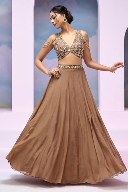 Silky Bindra X AZA Brown Organza, Satin Sequins, Mirrors Saher Embellished Blouse Lehenga Set at Aza Fashions Silky Bindra X AZA_Brown Organza, Satin Sequins, Mirrors Saher Embellished Blouse Lehenga Set _at_Aza_Fashions