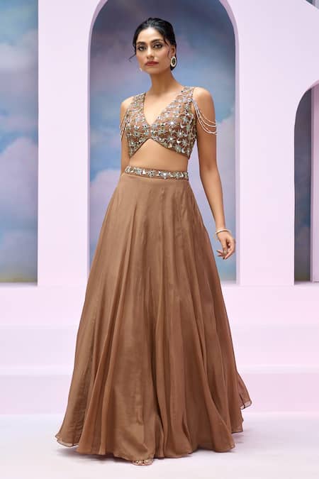 Buy Silky Bindra X AZA Brown Organza, Satin Sequins, Mirrors Saher Embellished Blouse Lehenga Set Buy_Silky Bindra X AZA_Brown Organza, Satin Sequins, Mirrors Saher Embellished Blouse Lehenga Set