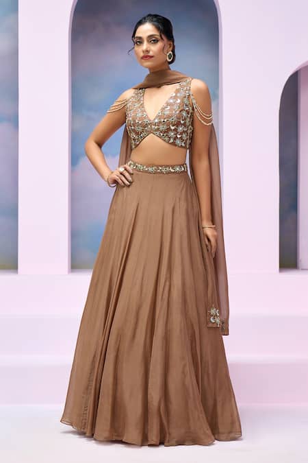 Shop Silky Bindra X AZA Brown Organza, Satin Sequins, Mirrors Saher Embellished Blouse Lehenga Set Shop_Silky Bindra X AZA_Brown Organza, Satin Sequins, Mirrors Saher Embellished Blouse Lehenga Set