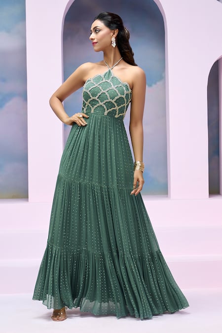 Silky Bindra X AZA_Blue Georgette, Satin Beads, Sihana Cloud Pattern Anarkali With Dupatta _at_Aza_Fashions