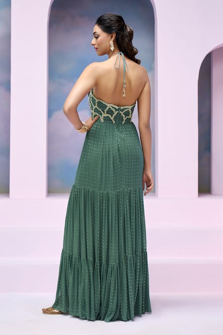 Shop_Silky Bindra X AZA_Blue Georgette, Satin Beads, Sihana Cloud Pattern Anarkali With Dupatta 