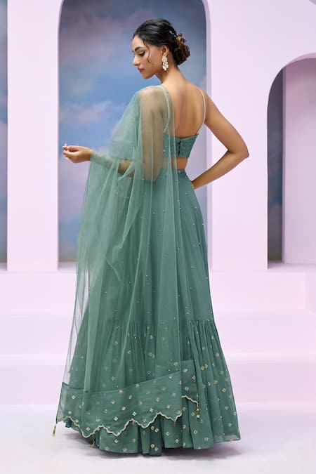 Silky Bindra X AZA_Blue Net, Georgette, Satin Embroidery Cowl Azura Blouse Gathered Lehenga Set _Online_at_Aza_Fashions