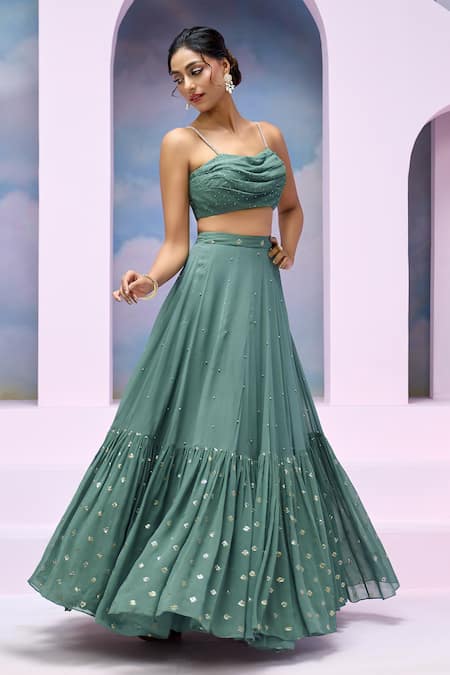 Buy_Silky Bindra X AZA_Blue Net, Georgette, Satin Embroidery Cowl Azura Blouse Gathered Lehenga Set _Online_at_Aza_Fashions