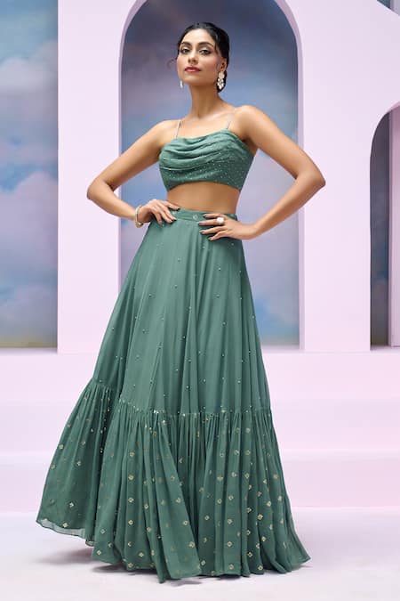 Silky Bindra X AZA_Blue Net, Georgette, Satin Embroidery Cowl Azura Blouse Gathered Lehenga Set _at_Aza_Fashions