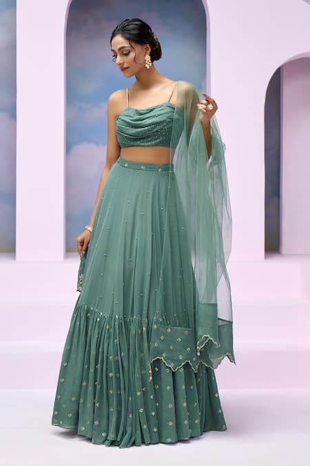 Buy_Silky Bindra X AZA_Blue Net, Georgette, Satin Embroidery Cowl Azura Blouse Gathered Lehenga Set 
