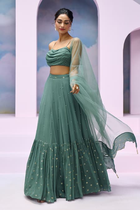 Shop_Silky Bindra X AZA_Blue Net, Georgette, Satin Embroidery Cowl Azura Blouse Gathered Lehenga Set 