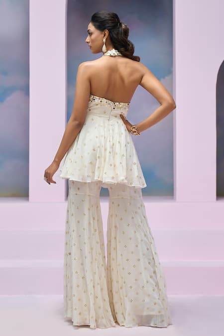 Silky Bindra X AZA Lana Cross Neck Peplum Kurta & Gharara Set 