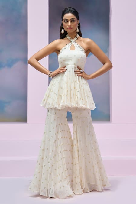 Shop Silky Bindra X AZA Ivory Georgette Sequins Keyhole Neck Lana Cross Peplum Kurta And Gharara Set Online at Aza Fashions Shop_Silky Bindra X AZA_Ivory Georgette Sequins Keyhole Neck Lana Cross Peplum Kurta And Gharara Set _Online_at_Aza_Fashions