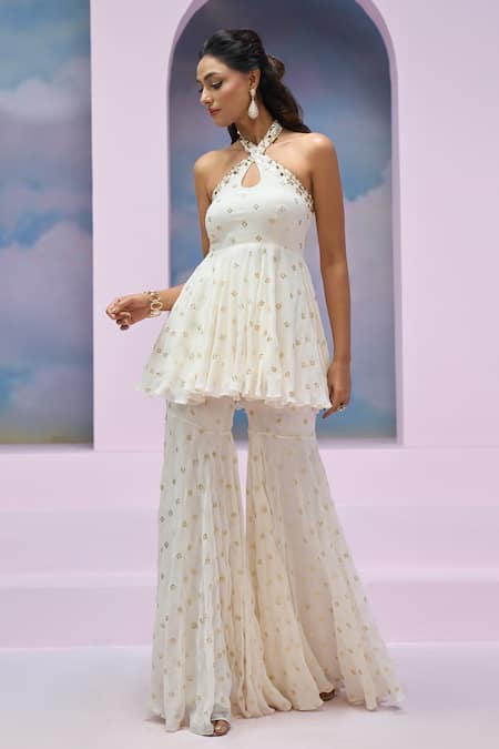Buy Silky Bindra X AZA Ivory Georgette Sequins Keyhole Neck Lana Cross Peplum Kurta And Gharara Set Buy_Silky Bindra X AZA_Ivory Georgette Sequins Keyhole Neck Lana Cross Peplum Kurta And Gharara Set