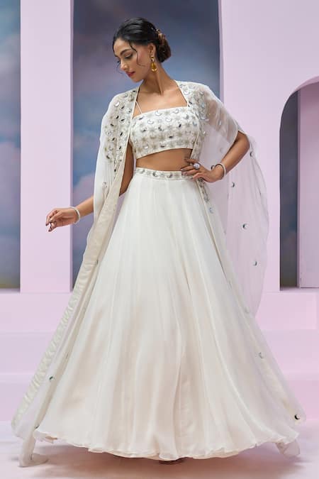 SILKY BINDRA x AZA Ivory Organza Embroidered Mirror Blouse Square Chaandni Cape Lehenga Set 