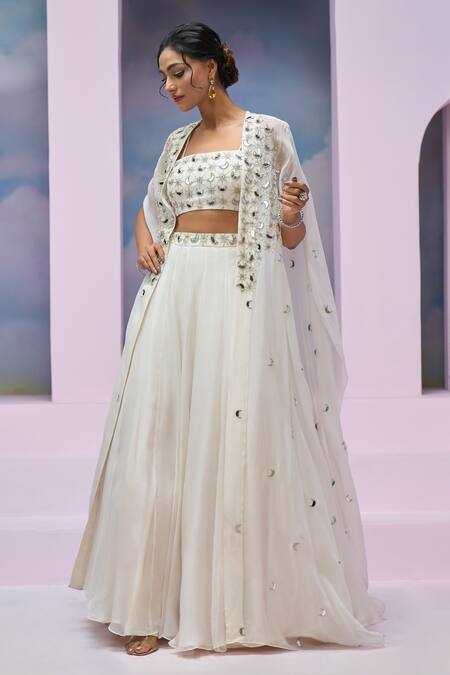 Shop Silky Bindra X AZA Ivory Organza, Silk Embroidery, Mirrors Square Neck Chaandni Cape Lehenga Set Shop_Silky Bindra X AZA_Ivory Organza, Silk Embroidery, Mirrors Square Neck Chaandni Cape Lehenga Set