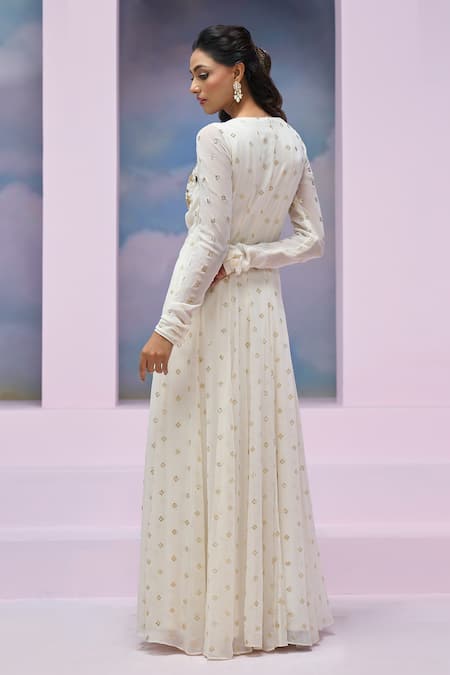 Silky Bindra X AZA_Ivory Net, Georgette Sequins, Mirrors Leora Embroidered Anarkali With Dupatta _Online_at_Aza_Fashions