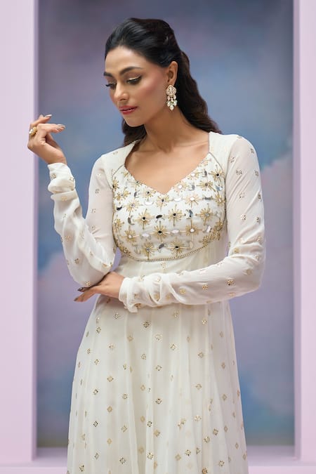 Buy_Silky Bindra X AZA_Ivory Net, Georgette Sequins, Mirrors Leora Embroidered Anarkali With Dupatta _Online_at_Aza_Fashions
