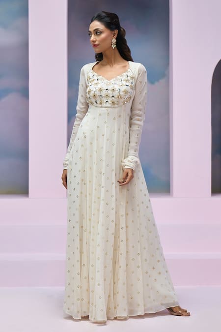 Shop_Silky Bindra X AZA_Ivory Net, Georgette Sequins, Mirrors Leora Embroidered Anarkali With Dupatta _Online_at_Aza_Fashions