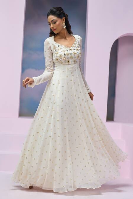 Silky Bindra X AZA_Ivory Net, Georgette Sequins, Mirrors Leora Embroidered Anarkali With Dupatta _at_Aza_Fashions