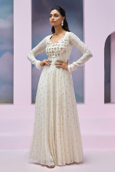 Buy_Silky Bindra X AZA_Ivory Net, Georgette Sequins, Mirrors Leora Embroidered Anarkali With Dupatta 