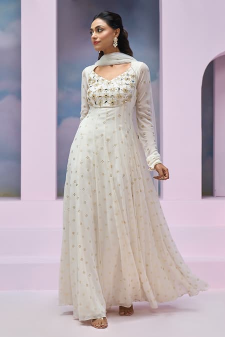 Shop_Silky Bindra X AZA_Ivory Net, Georgette Sequins, Mirrors Leora Embroidered Anarkali With Dupatta 