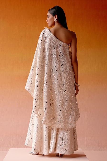Shop_Twenty Nine_White Mirror Work One Shoulder Cape _at_Aza_Fashions