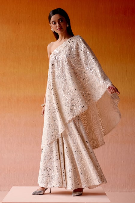 Twenty Nine_White Mirror Work One Shoulder Cape _Online_at_Aza_Fashions
