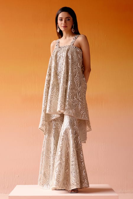 Twenty Nine_Grey Mirror Embroidered Flared Cape _Online_at_Aza_Fashions