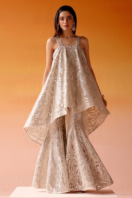 Shop_Twenty Nine_Grey Mirror Embroidered Flared Cape _Online_at_Aza_Fashions