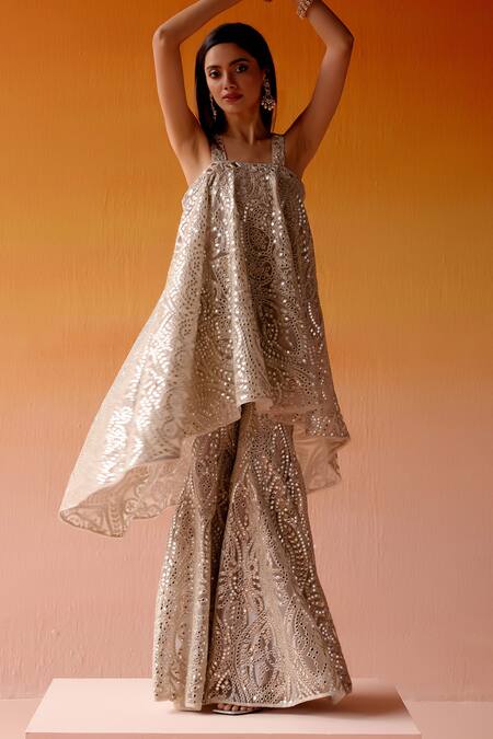 Twenty Nine_Grey Mirror Embroidered Flared Cape _at_Aza_Fashions