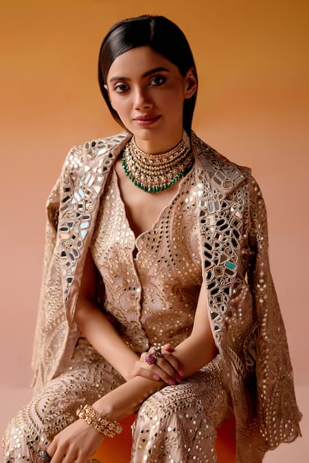 Twenty Nine_Pink Tissue Mirrors V-neck Work Scalloped Gilet _Online_at_Aza_Fashions