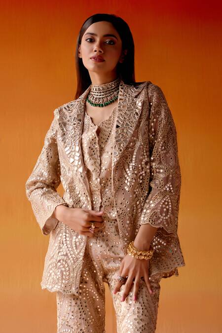 Twenty Nine_Pink Tissue Mirrors V-neck Work Scalloped Gilet _at_Aza_Fashions