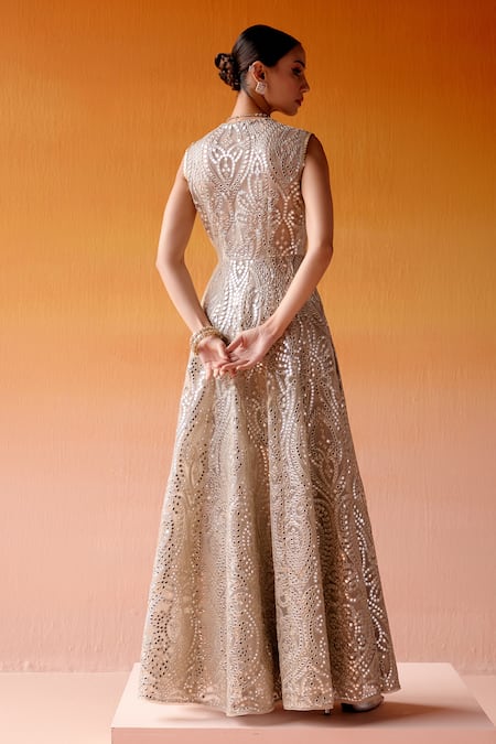 Shop Twenty Nine Grey Net Mirrors Plunge Neck Work Embellished Long Jacket at Aza Fashions Shop_Twenty Nine_Grey Net Mirrors Plunge Neck Work Embellished Long Jacket _at_Aza_Fashions