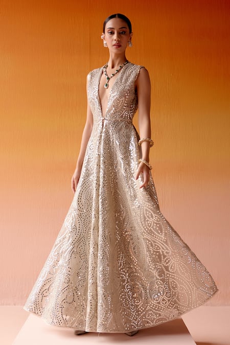 Buy Twenty Nine Grey Net Mirrors Plunge Neck Work Embellished Long Jacket Online at Aza Fashions Buy_Twenty Nine_Grey Net Mirrors Plunge Neck Work Embellished Long Jacket _Online_at_Aza_Fashions