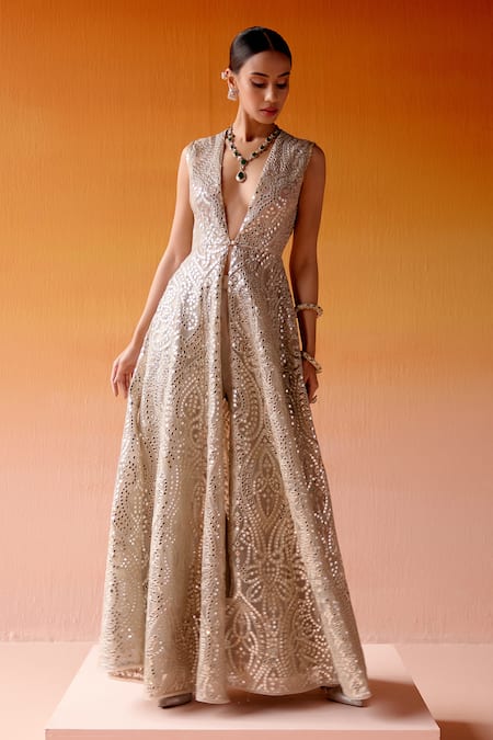 Shop Twenty Nine Grey Net Mirrors Plunge Neck Work Embellished Long Jacket Online at Aza Fashions Shop_Twenty Nine_Grey Net Mirrors Plunge Neck Work Embellished Long Jacket _Online_at_Aza_Fashions