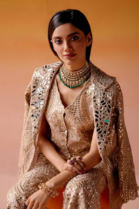 Twenty Nine_Pink Tissue Mirrors, Beads Collared Work Scalloped Coat Jacket _Online_at_Aza_Fashions