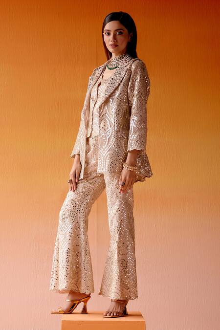 Buy_Twenty Nine_Pink Tissue Mirrors, Beads Collared Work Scalloped Coat Jacket _Online_at_Aza_Fashions