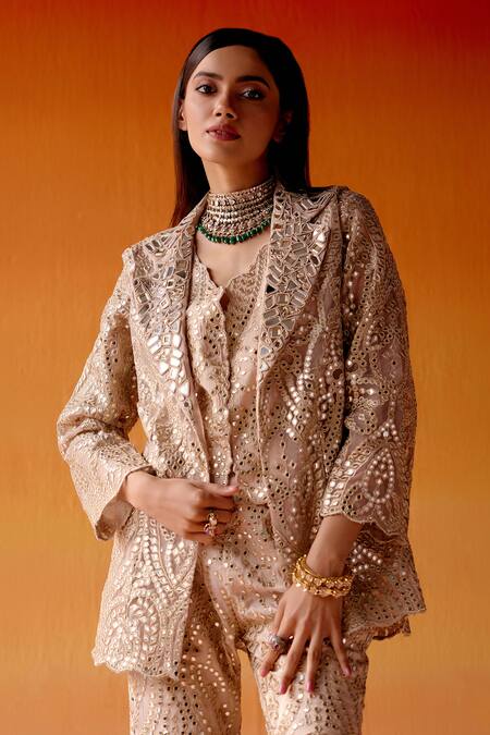 Shop_Twenty Nine_Pink Tissue Mirrors, Beads Collared Work Scalloped Coat Jacket _Online_at_Aza_Fashions