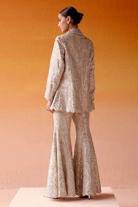 Shop Twenty Nine Ivory Georgette Mirrors, Beads Collared Embroidered Scalloped Coat Jacket at Aza Fashions Shop_Twenty Nine_Ivory Georgette Mirrors, Beads Collared Embroidered Scalloped Coat Jacket _at_Aza_Fashions