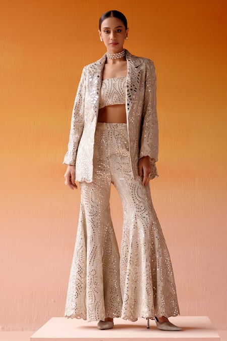 Twenty Nine Ivory Georgette Mirrors, Beads Collared Embroidered Scalloped Coat Jacket Online at Aza Fashions Twenty Nine_Ivory Georgette Mirrors, Beads Collared Embroidered Scalloped Coat Jacket _Online_at_Aza_Fashions