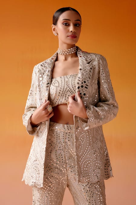 Shop Twenty Nine Ivory Georgette Mirrors, Beads Collared Embroidered Scalloped Coat Jacket Online at Aza Fashions Shop_Twenty Nine_Ivory Georgette Mirrors, Beads Collared Embroidered Scalloped Coat Jacket _Online_at_Aza_Fashions